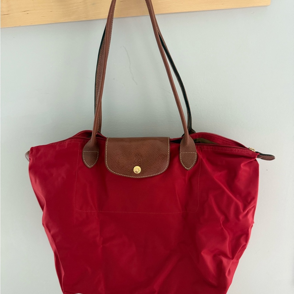 Longchamp Red and Brown Le Pliage Tote